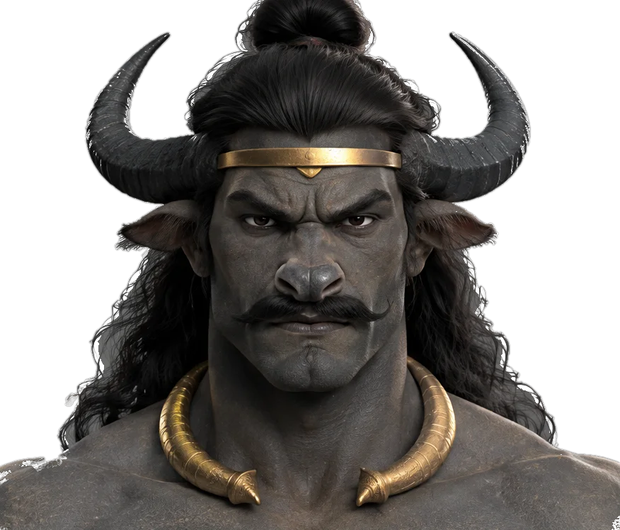Mahishasura, the buffalo-horned demon king, with charcoal-grey skin, a gold headband and a gold neck ring.