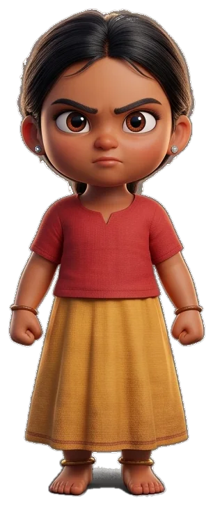 Manusi, a small village girl in a red top and saffron skirt, fists clenched.