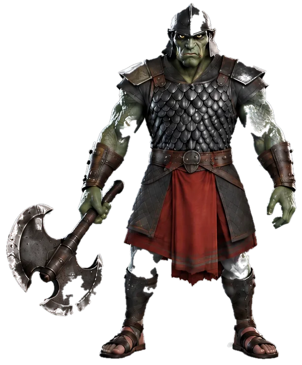 A green-skinned rakshasa soldier with a battle axe.