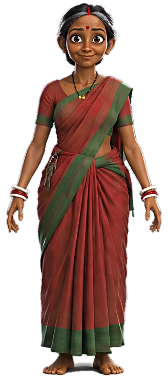 The sculptor’s wife in a red-and-green cotton sari.